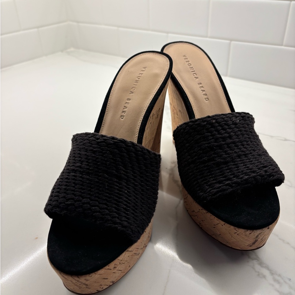 Veronica Beard Black Woven Cork Platform Heels